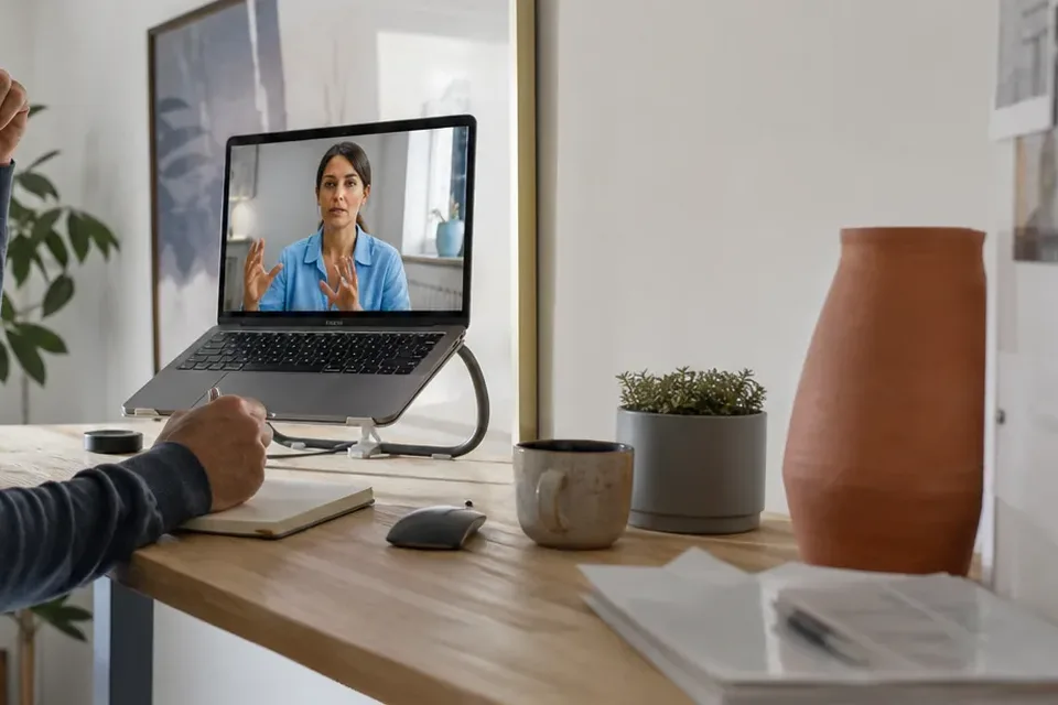 Marketing leader explaining a plan on a video call shown on a laptop at a wooden desk