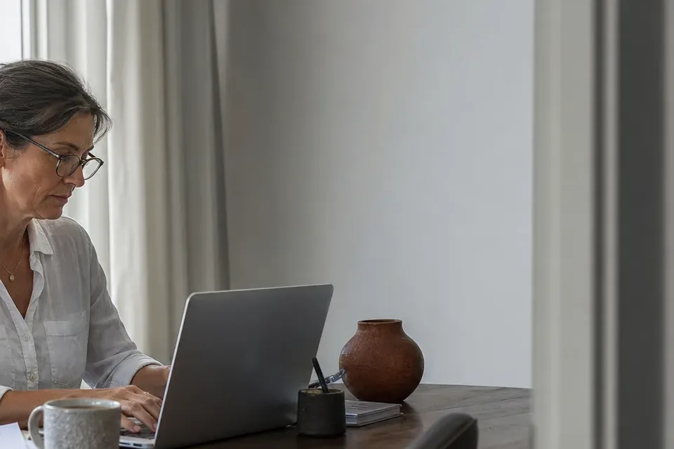 Operations leader in glasses reviewing numbers on a laptop at a wooden desk by the window