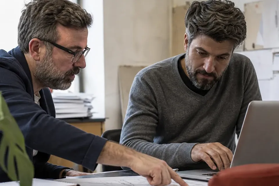 Senior HR leader and a manager going over a budget sheet together at a desk
