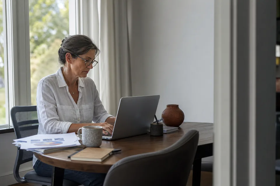 Senior finance professional working a few hours a week at a laptop in a calm home office