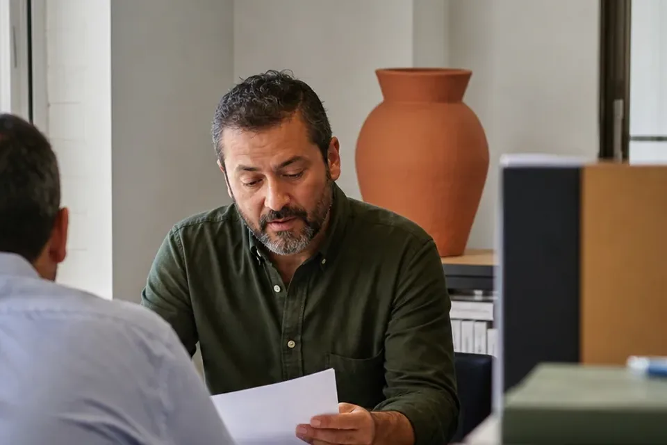 Finance executive reading through a printed monthly report with a business owner across the table