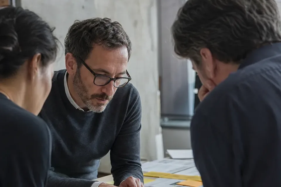 Senior finance advisor in glasses working through planning notes at a table with two founders