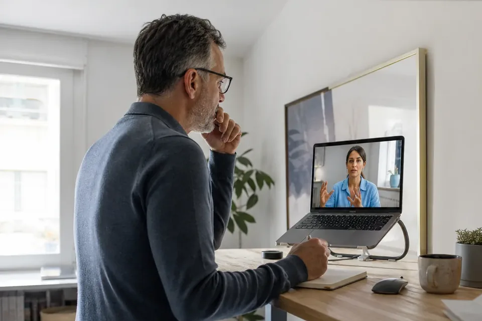 Founder at a standing desk on a video call with a part-time marketing lead