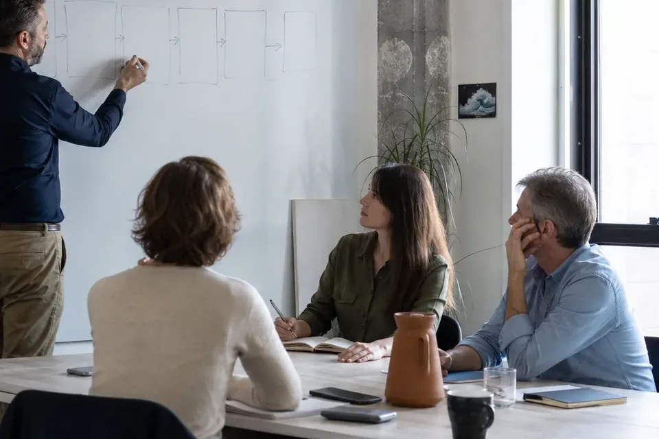 Marketing lead sketching a plan on a whiteboard while a business owner and two staff members take notes