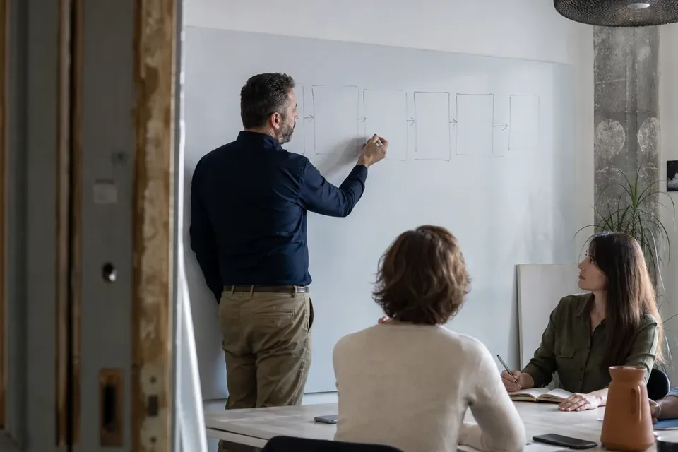 Marketing leader sketching a go-to-market plan on a whiteboard while two founders take notes