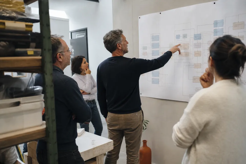 Realistic photo of an adult operations executive walking a small team through a process map on a wall display