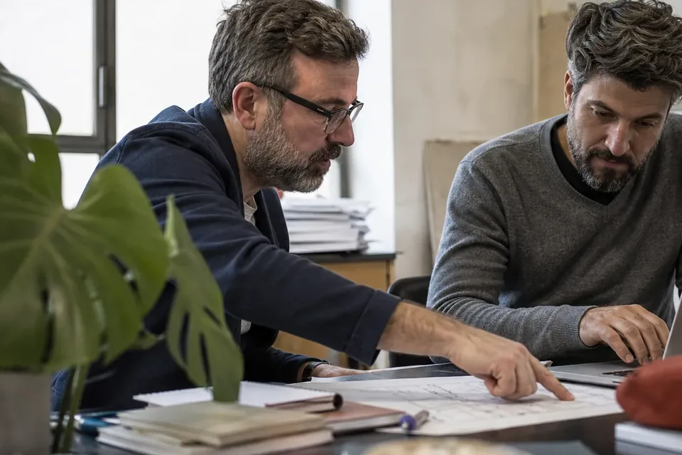 Two senior engineers going through a system diagram at a shared desk