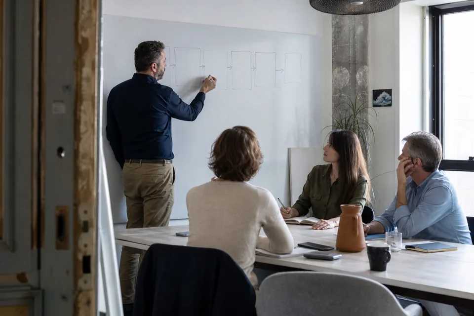 Sales executive mapping a pipeline on a whiteboard with a small team