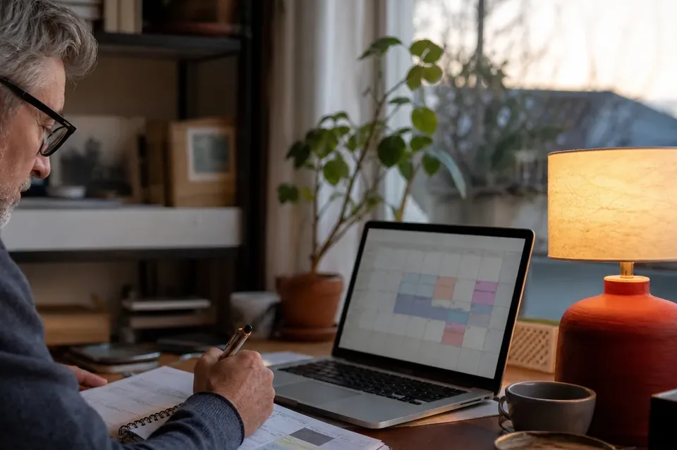 Designer sketching notes beside a laptop with a colour-blocked weekly calendar