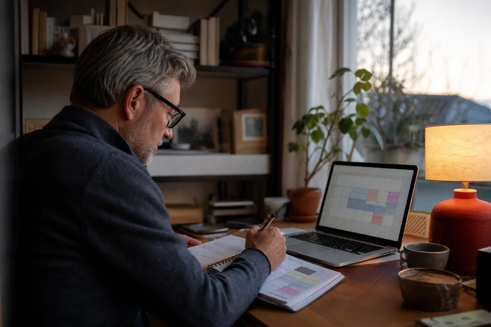 Senior designer working at a studio table in the evening